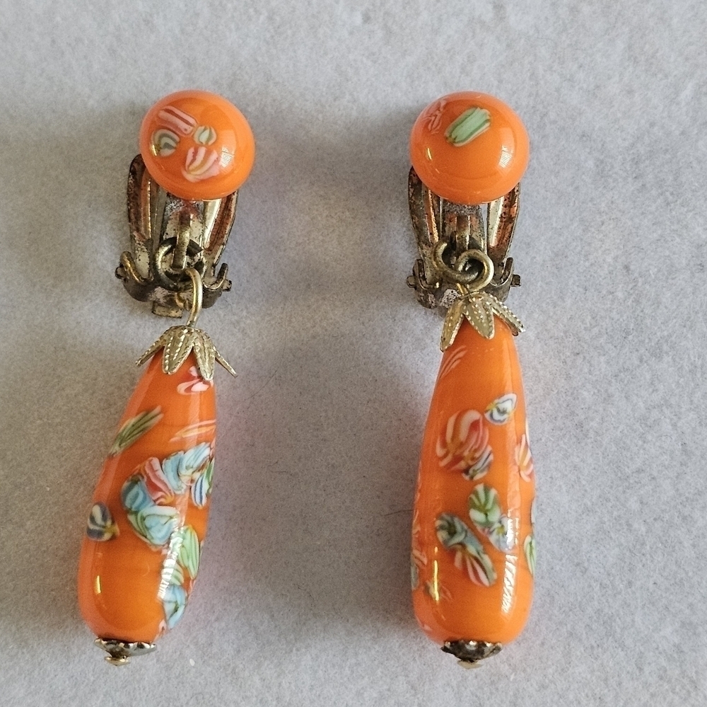 Japan Orange Dangle Drop Clip On Earrings